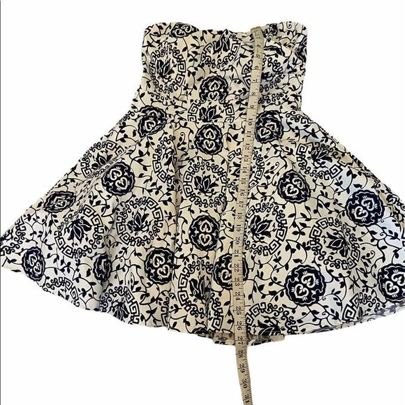 White & Navy Sateen Printed Strapless Party Dress - Picture 8 of 12